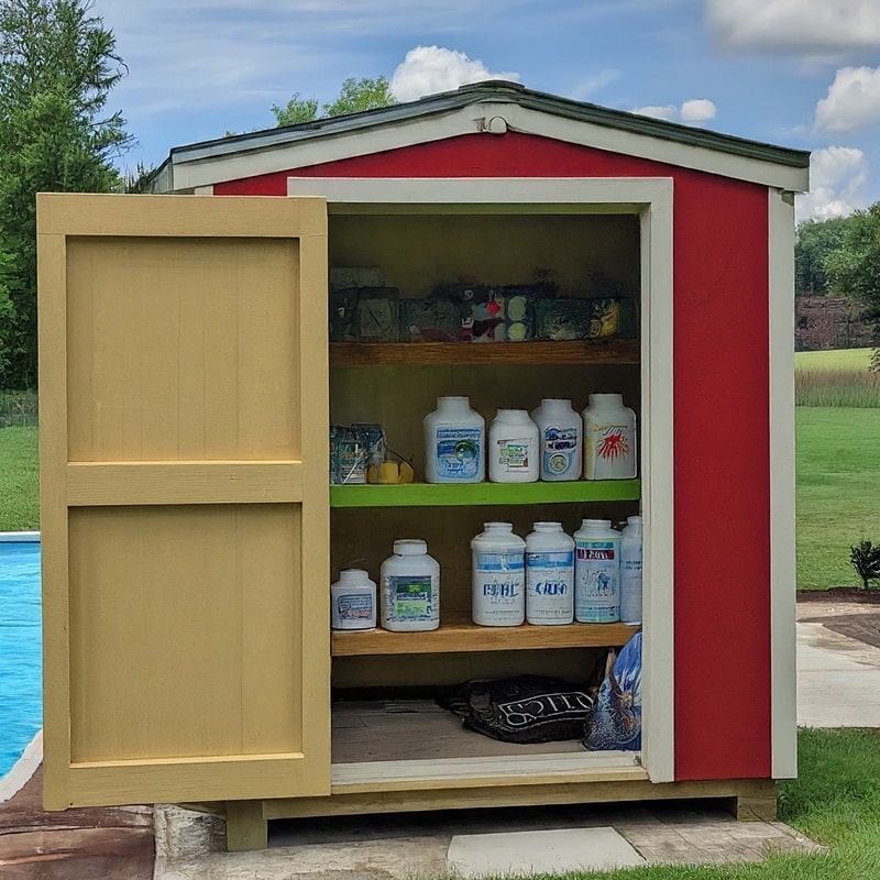 pool chemicals in a shed near the swimming pool