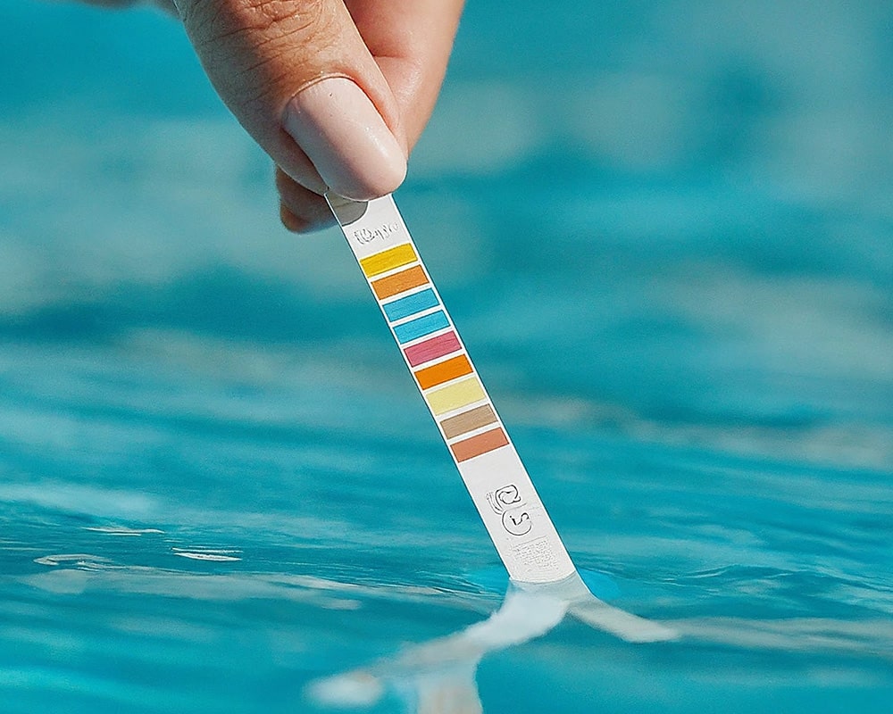 testing swim pool's water using test stick
